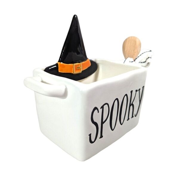 Mudd Pie Spooky Ceramic Bowl Wood Spoon Witch Hat White Black Halloween Gift NEW - Picture 3 of 5